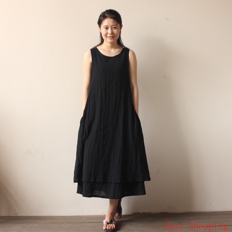 Chinese Cotton Linen Clothes女式竹节棉麻双层背心裙 月盛夏！