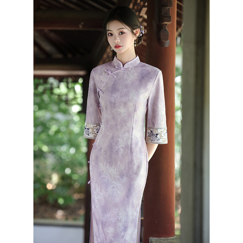 qipao cheongsam chinese dress新款提花复合长款旗袍倒大袖重工