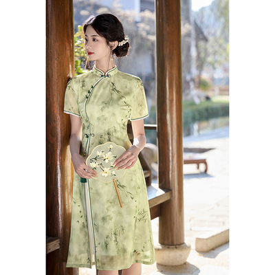 qipao cheongsam chinese dress旗袍女绿色新中式复古风新款