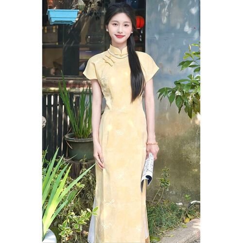 women qipao chinese dress cheongsam chipao新中式民国复古黄色
