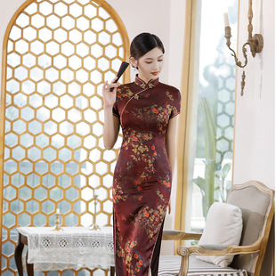 Cheongsam Dress Qipao 2025夏秋新长款绸缎年轻中国风旗袍裙大码