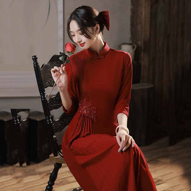 cheongsam chinese traditional qipao dress旗袍显瘦奥黛红色季