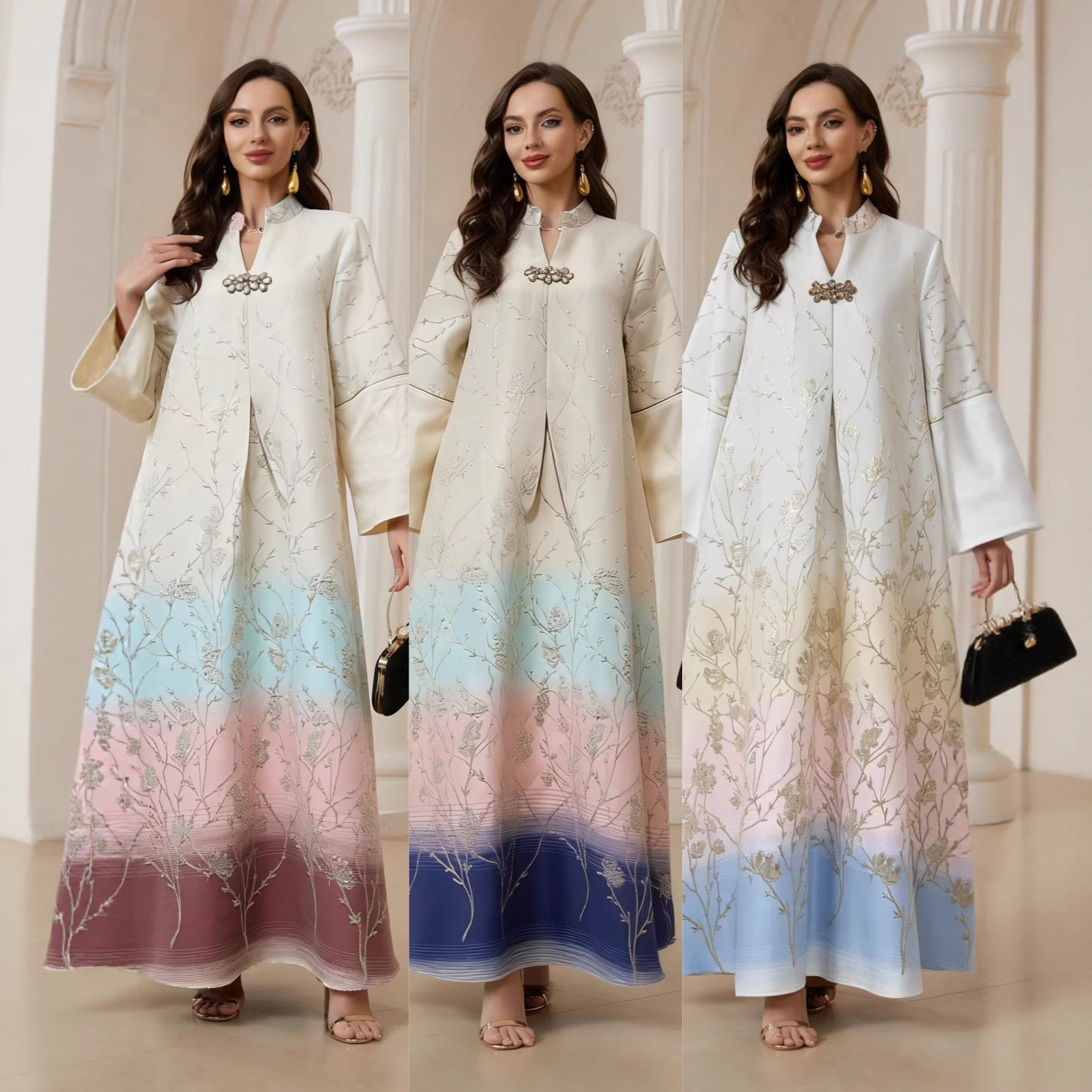 womens sequin dress loose robe ladies gown fringe bead长袍女