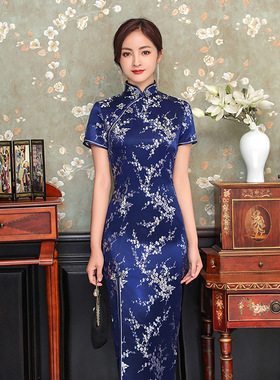 cheongsam long qipao dress chipao2025春季新款短袖长款织锦缎