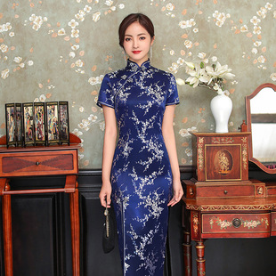 cheongsam long qipao dress chipao2025春季新款短袖长款织锦缎