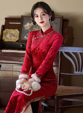 cheongsam chinese traditional qipao dress旗袍红色丝绒加绒装