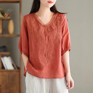 Embroidery Shirt Ladies Summer Sleeve Vintage Half Loose New