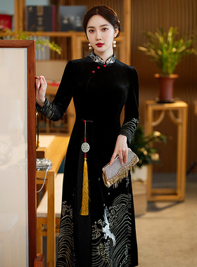 cheongsam chinese traditional qipao dress旗袍绣花黑色丝绒