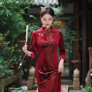 Cheongsam Qipao Dress Chipao国风2023秋冬新款丝绒旗袍红黑色