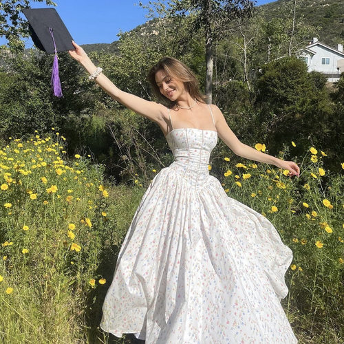 sexy dress法式复古甜美碎花吊带收腰显瘦连衣裙ss仙气女神a字