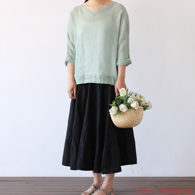 女式纯苎麻网纱连肩袖领套头上衣中袖t恤chinese cotton linen ts