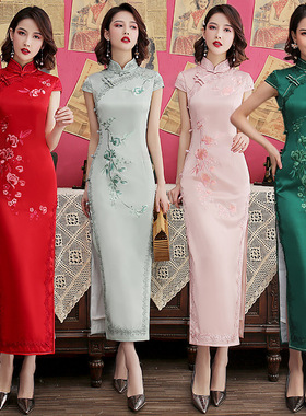 Chinese Cheongsam Dress Chipao Qipao重磅丝绸绣花长款旗袍2025