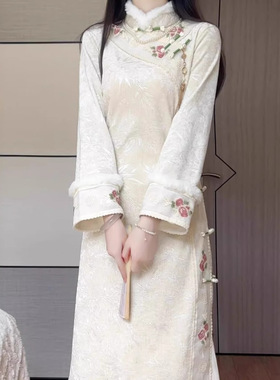 Retro Cheongsam Chinese Qipao Dress旗袍白色倒大袖长袖旗袍