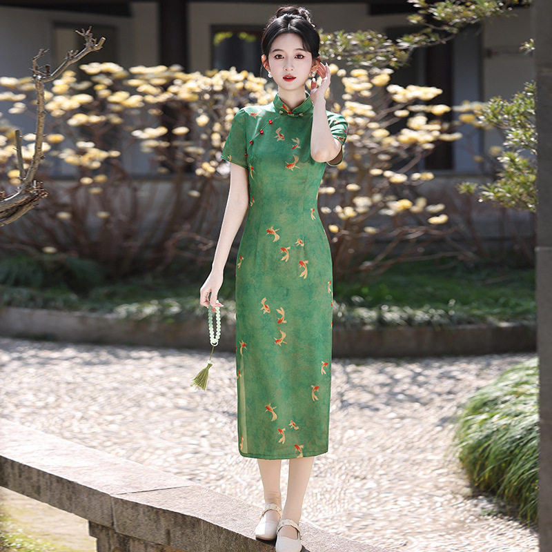 锦鲤旗袍绿 qipao Green New Chinese Traditional Cheongsam女裙