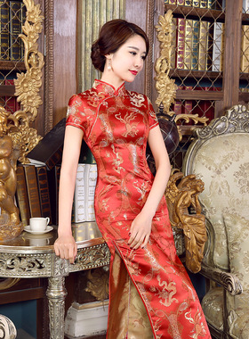 Cheongsam Qipao Dress Chipao旗袍长款织锦缎旗袍开叉旗袍表演