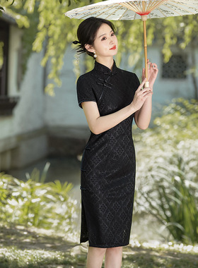 Qipao Chinese Dress Chipao新中式2025春夏新款短款黑色旗袍