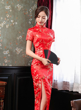 cheongsam long qipao dress chipao2025春季新款短袖长款织锦缎