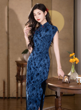 qipao cheongsam women vestidos chinese dresses旗袍蓝色老上海