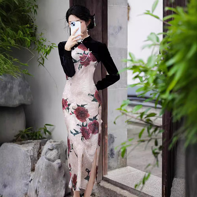 chinese dress cheongsam women qipao新中式改良轻款丝绒七分袖