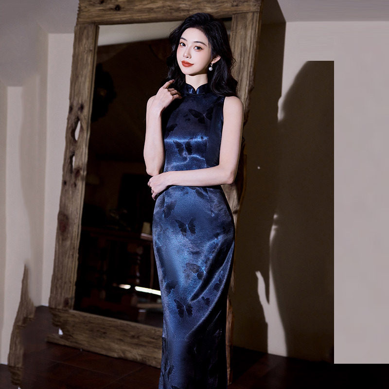 cheongsam qipao chinese dress chipao旗袍新中式女裙蓝色无袖
