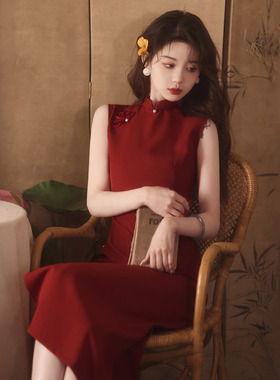 Cheongsam Chinese Traditional Qipao Dress旗袍无袖红色新中式