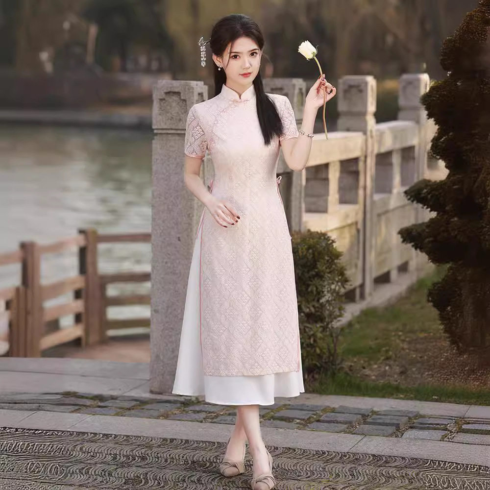 chinese dress cheongsam women qipao素雅蕾丝旗袍复古民国风
