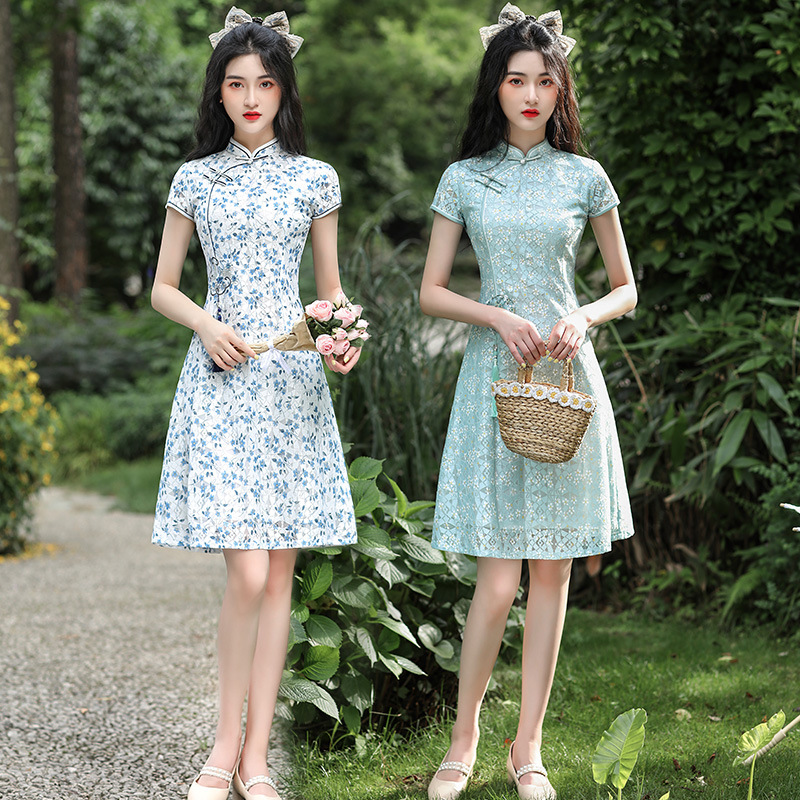Cheongsam Chinese Qipao Dress旗袍新款蕾丝短款日常旗袍改良版