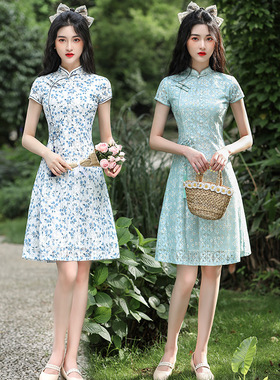 Cheongsam Chinese Qipao Dress旗袍新款蕾丝短款日常旗袍改良版