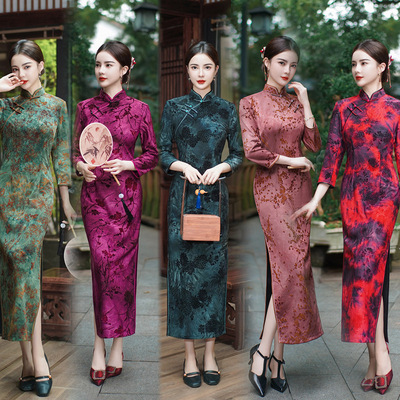 长旗袍Long Qipao Women Elegant Cheongsams Satin Vestidos
