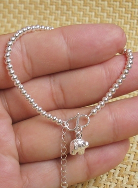 小象纯银手链女足银手链小圆珠手链银珠子手链串珠白银饰品可调节