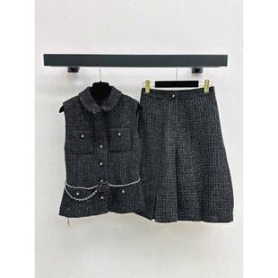 名媛风粗呢双口袋翻领细闪编织马甲 直筒五分裤