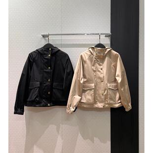 休闲两侧翻盖口袋抽绳连帽金扣宽松风衣外套