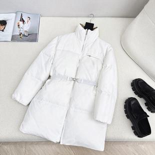 H版型经典时髦立领中长款腰带羽绒服外套