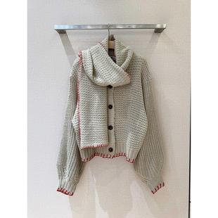 缝线红色线点缀粗线针织镂空圆领围巾开衫