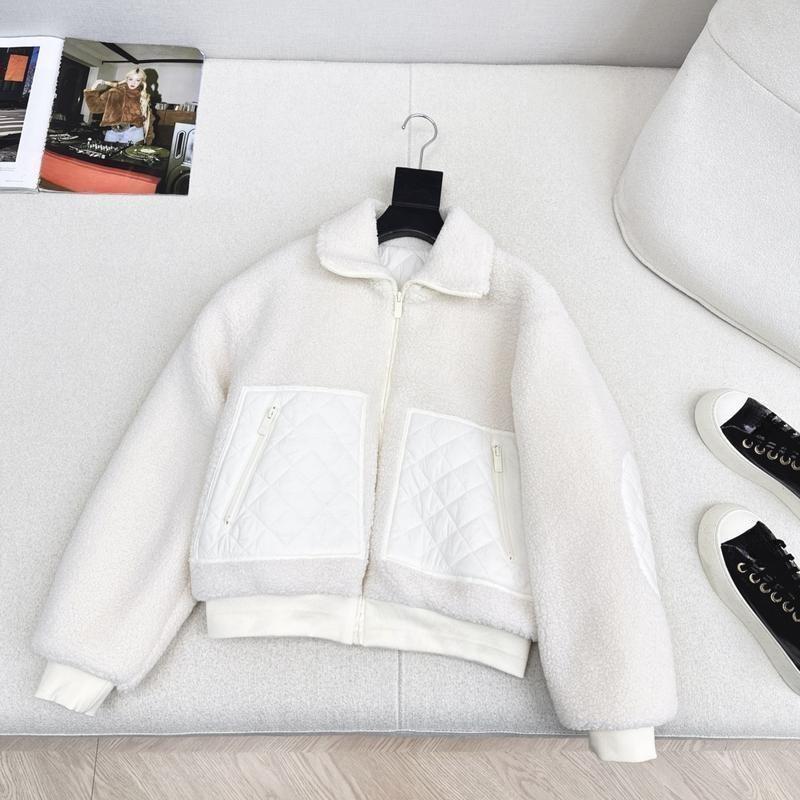 休闲运动风菱格毛绒拼接立领夹棉外套