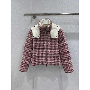 保暖显贵丝线格纹编织亮面连帽羽绒服