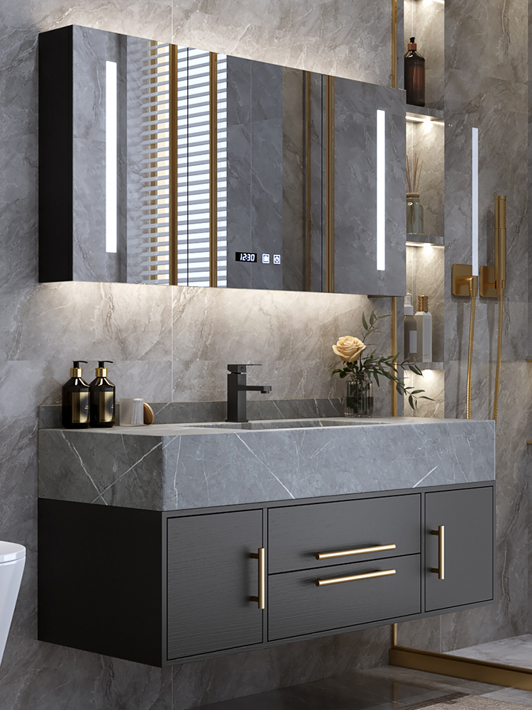 Powder room Rock plate one-piece bathroom cabinet Combination set Sink Wash mirror Light luxury smart bathroom Wash basin