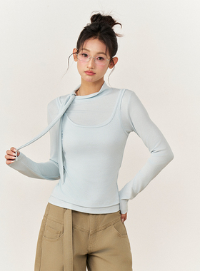 AXIA 假两件半高领飘带长袖T恤女秋冬设计感修身短款打底衫上衣