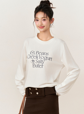 AXIA 极简风字母宽松显瘦白色长袖T恤秋冬季气质内搭打底上衣