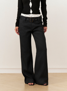 AXIA【送腰带】微宽松高腰灰色直筒西装裤女竖条纹设计感休闲裤