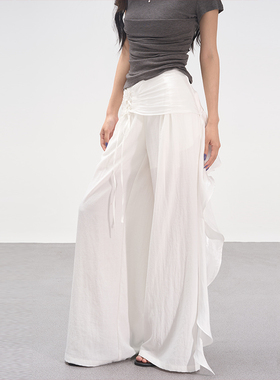 AXIA白色绑带屁帘裤女夏季薄款2025新款凉感休闲宽松高腰阔腿裤子