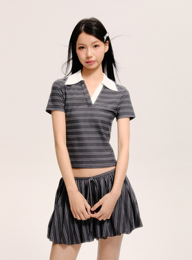 AXIA2025两件套装POLO领短袖T恤上衣条纹短裙夏季A字防走光裙子