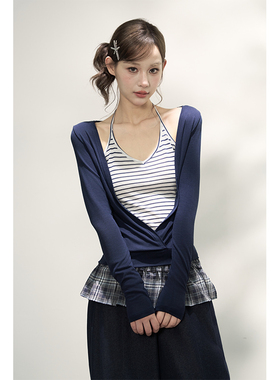 AXIA假两件长袖针织衫女春秋挂脖式横条纹甜辣风显瘦大V领T恤上衣