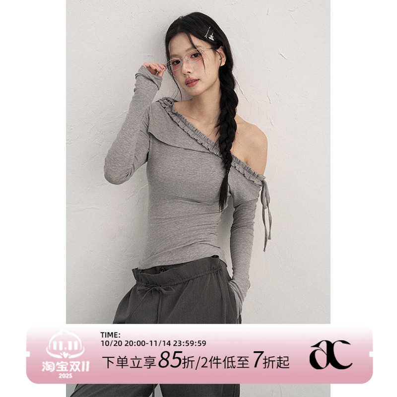 AXIA长袖T恤女秋季纯欲风蝴蝶结木耳边绑带斜肩不规则针织衫上衣