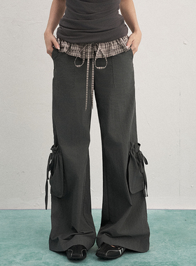 AXIA工装裤女夏季薄款休闲屁帘叠穿宽松假两件直筒灰色长裤子原创