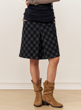 AXIA 复古藏蓝色菱格毛呢半身裙女2025秋冬新款高腰短款a字裙子
