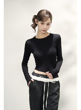 AXIA长袖T恤女秋冬纯色露腰修身显瘦正肩上衣打底衫甜辣风高级感