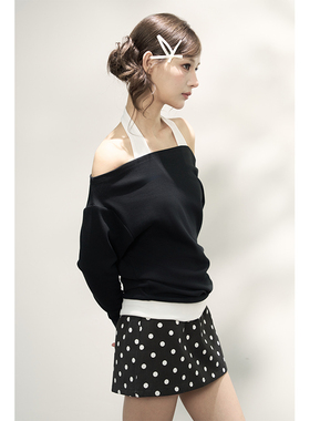 AXIA挂脖式一字肩长袖T恤女高级设计感奶系穿搭早秋上衣甜辣风