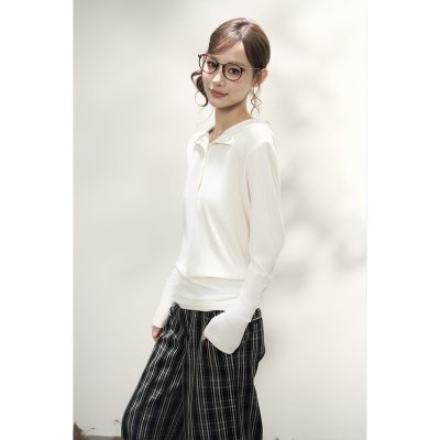 长袖纯色V领上衣女打底衫