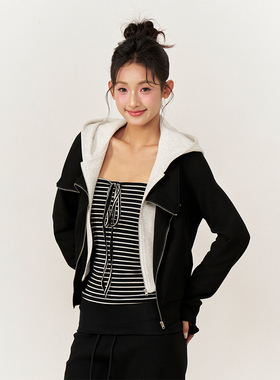 AXIA 高级感假两件撞色拼接拉链外套女秋冬宽松显瘦休闲短款上衣